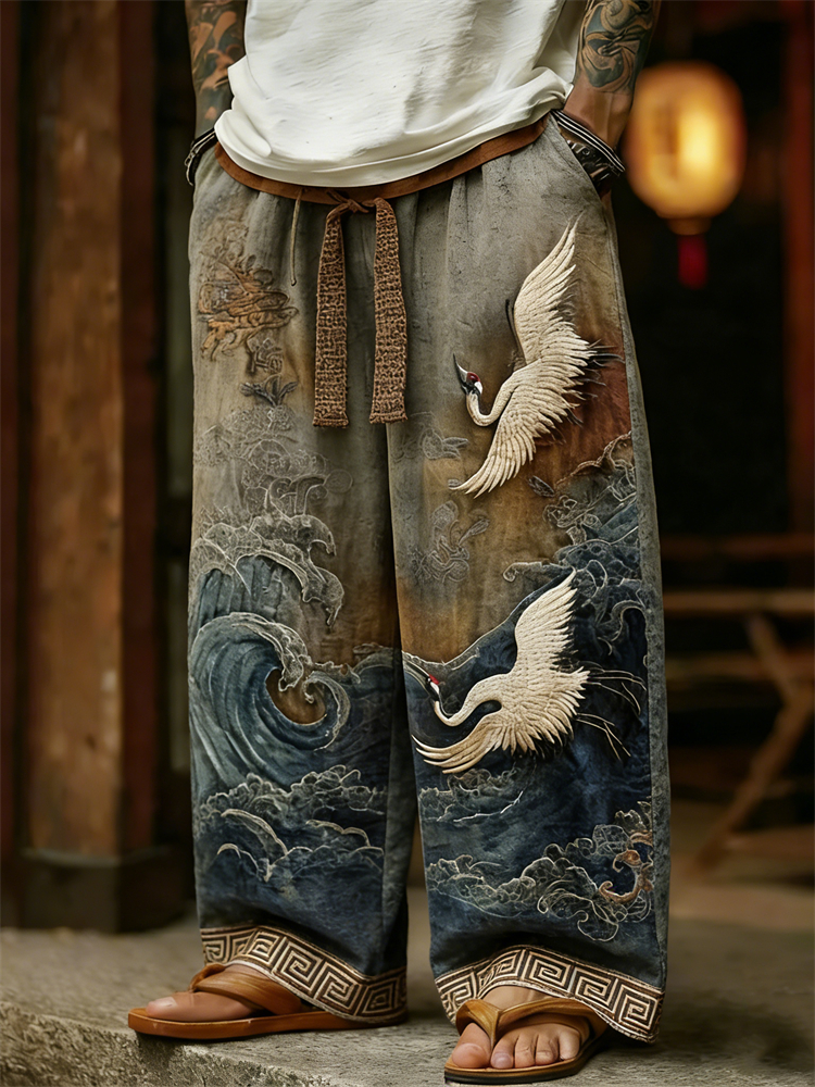 Men's Cranes & Sea Waves Japanese Art Linen Pants