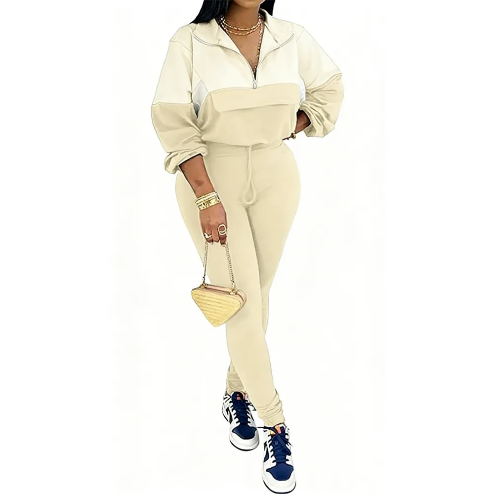 Women's Colorblock 2-Piece Knit Zip Jacket Elastic Waist Tracksuit