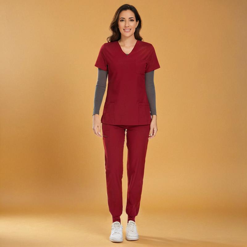 Women’s Stretch V-Neck Scrub Set (Top + Jogger Pants) – 8 Pocket Utility Uniform