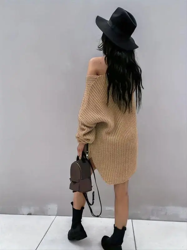 [Plus Size] Women's Solid Color Sweater Dress