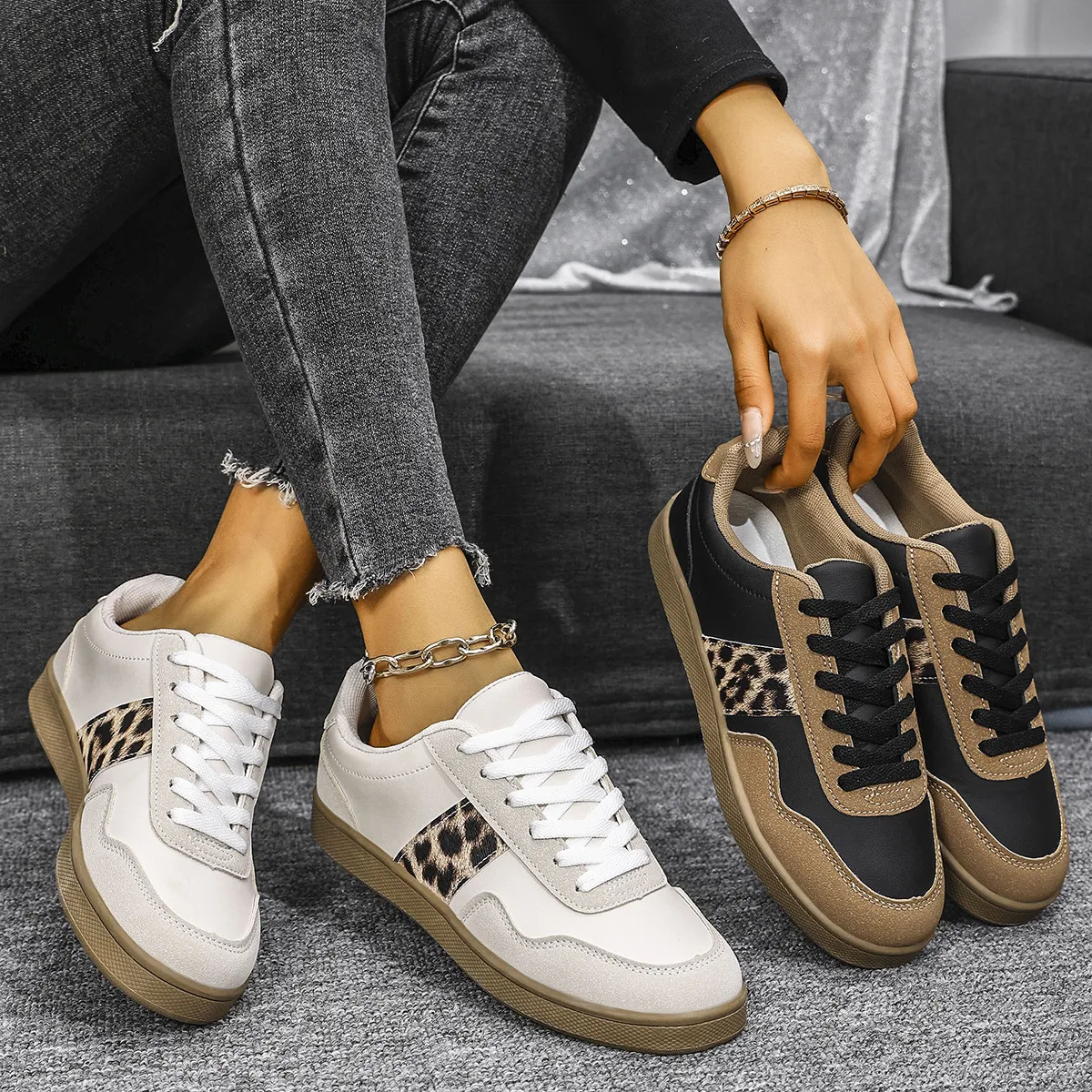 Leopard Lace Up Round Toe Sneakers (2 color options)
