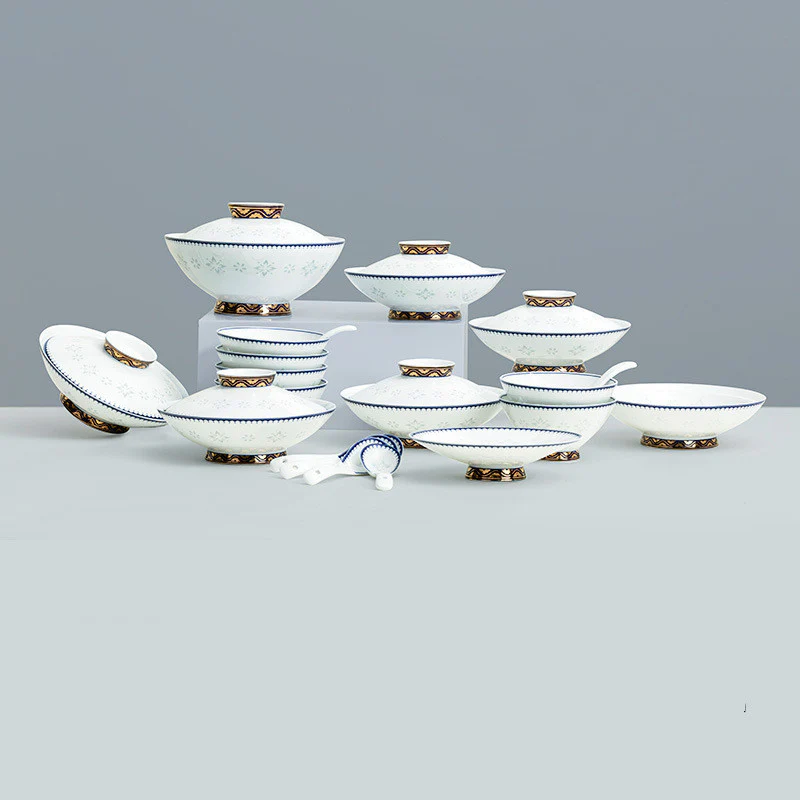 White-Blue Trim Porcelain Dinnerware