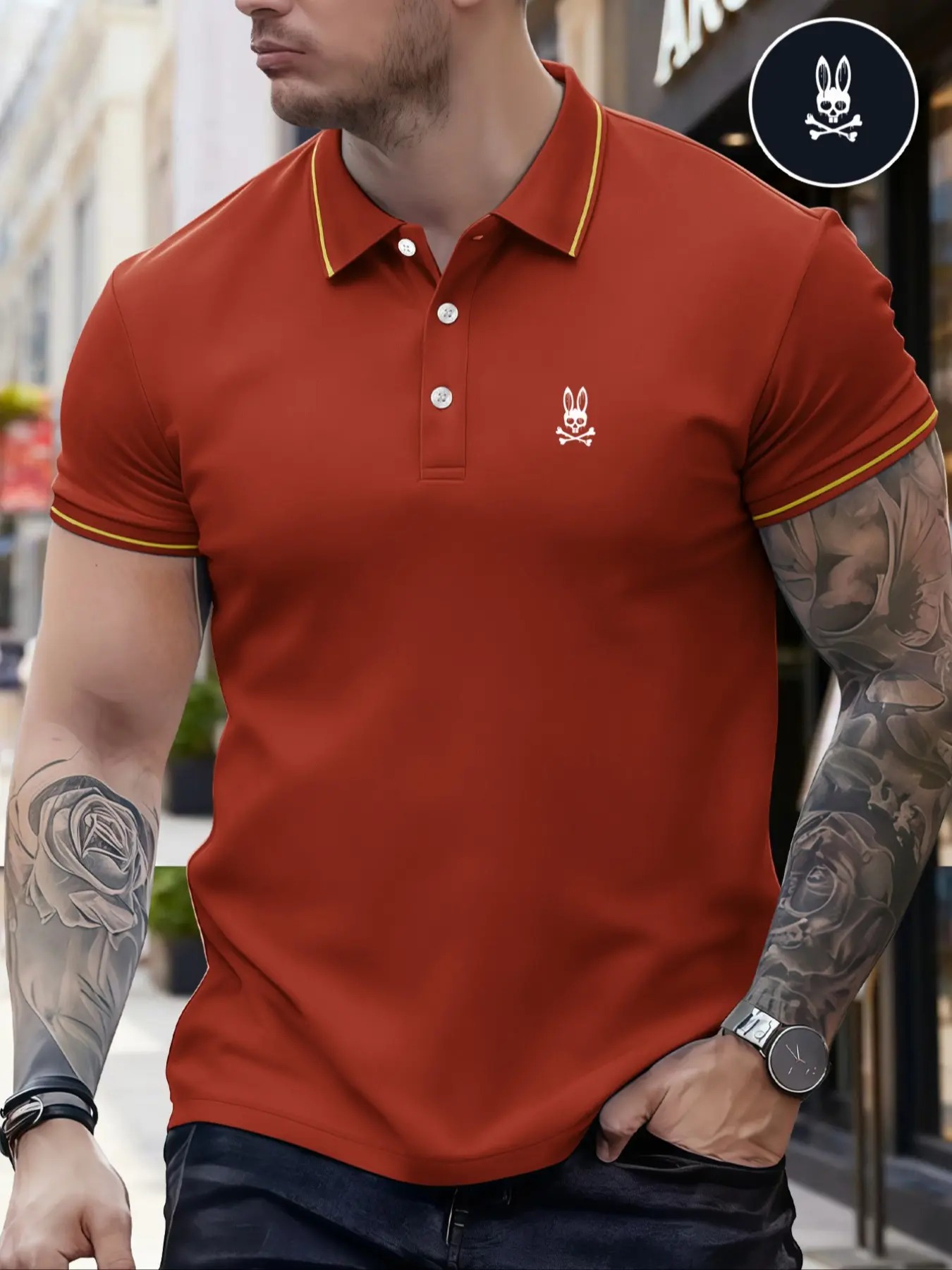Men's Regular Fit Letter Print Skull Rabbit Contrast Trim Polo Shirt, Casual Short Sleeve Half Zip Top for Summer