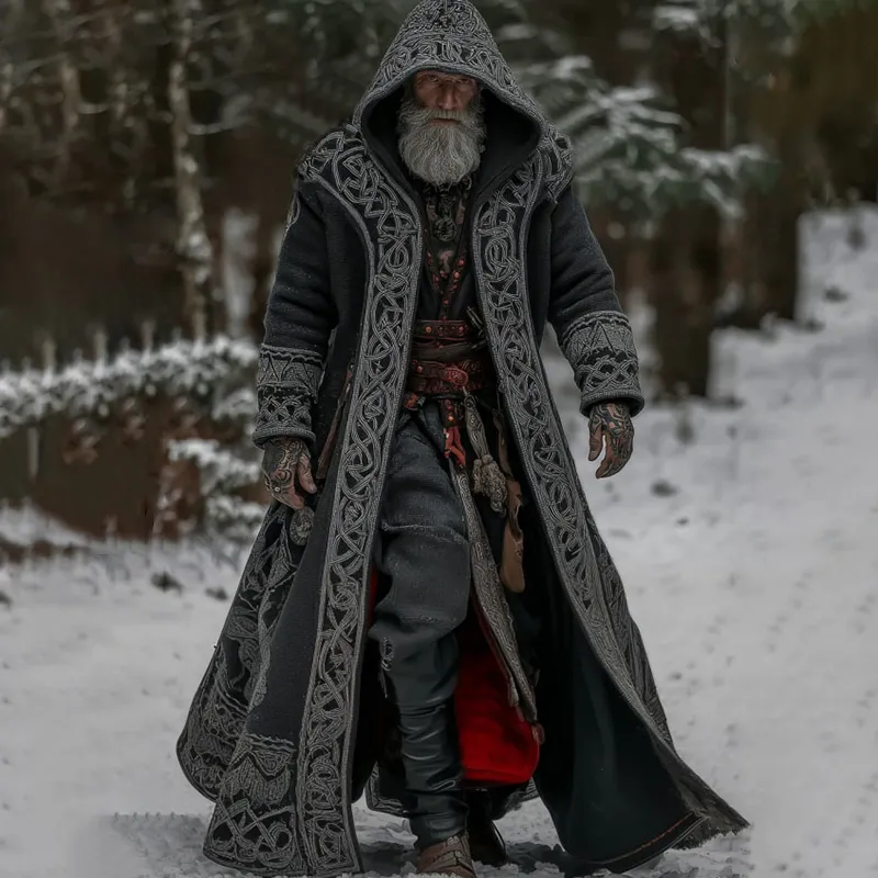 Men's Vintage Viking Celtic Knot Art Pocket Long Cardigan Sweater