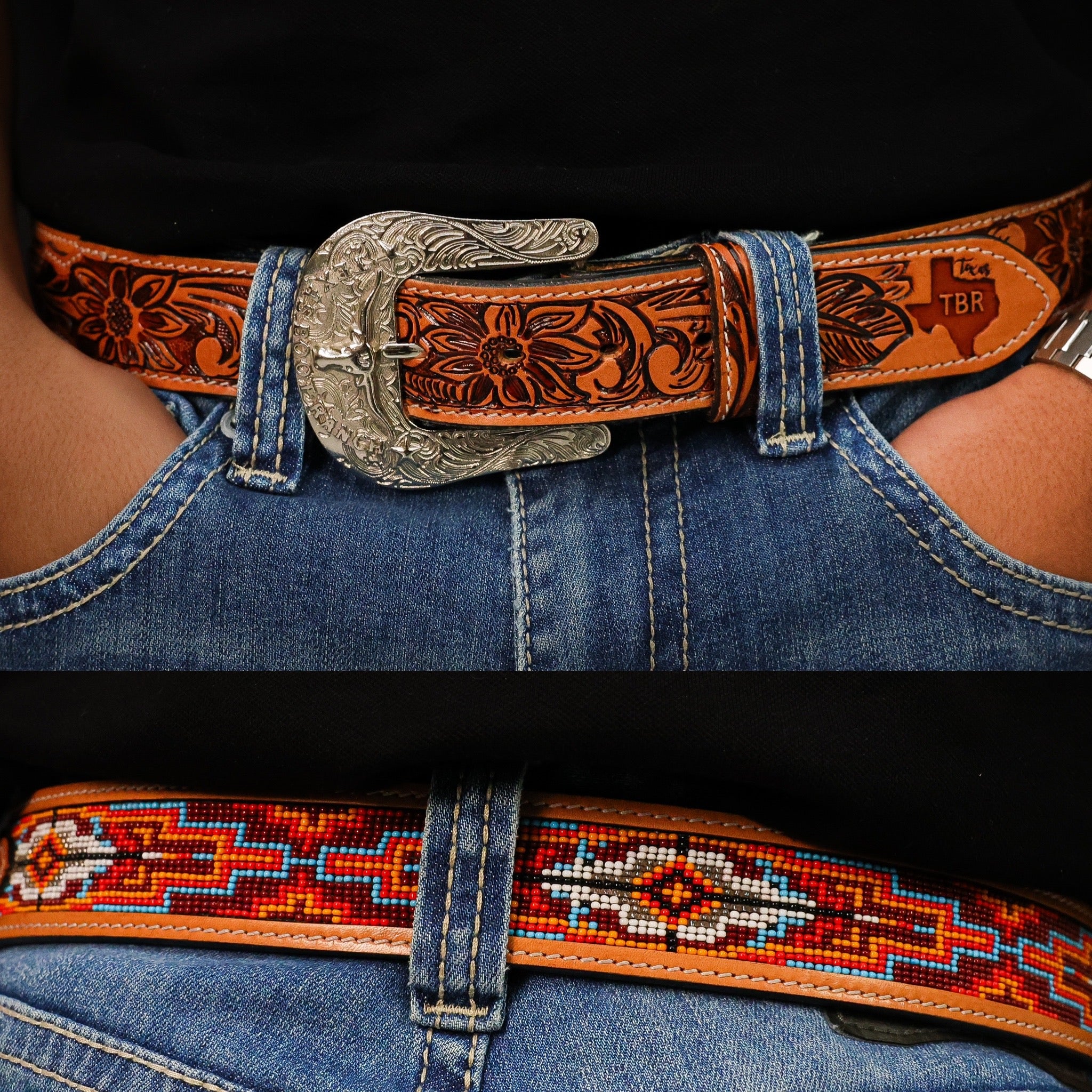 Hand-Tooled Artesanal Beaded Leather Belt