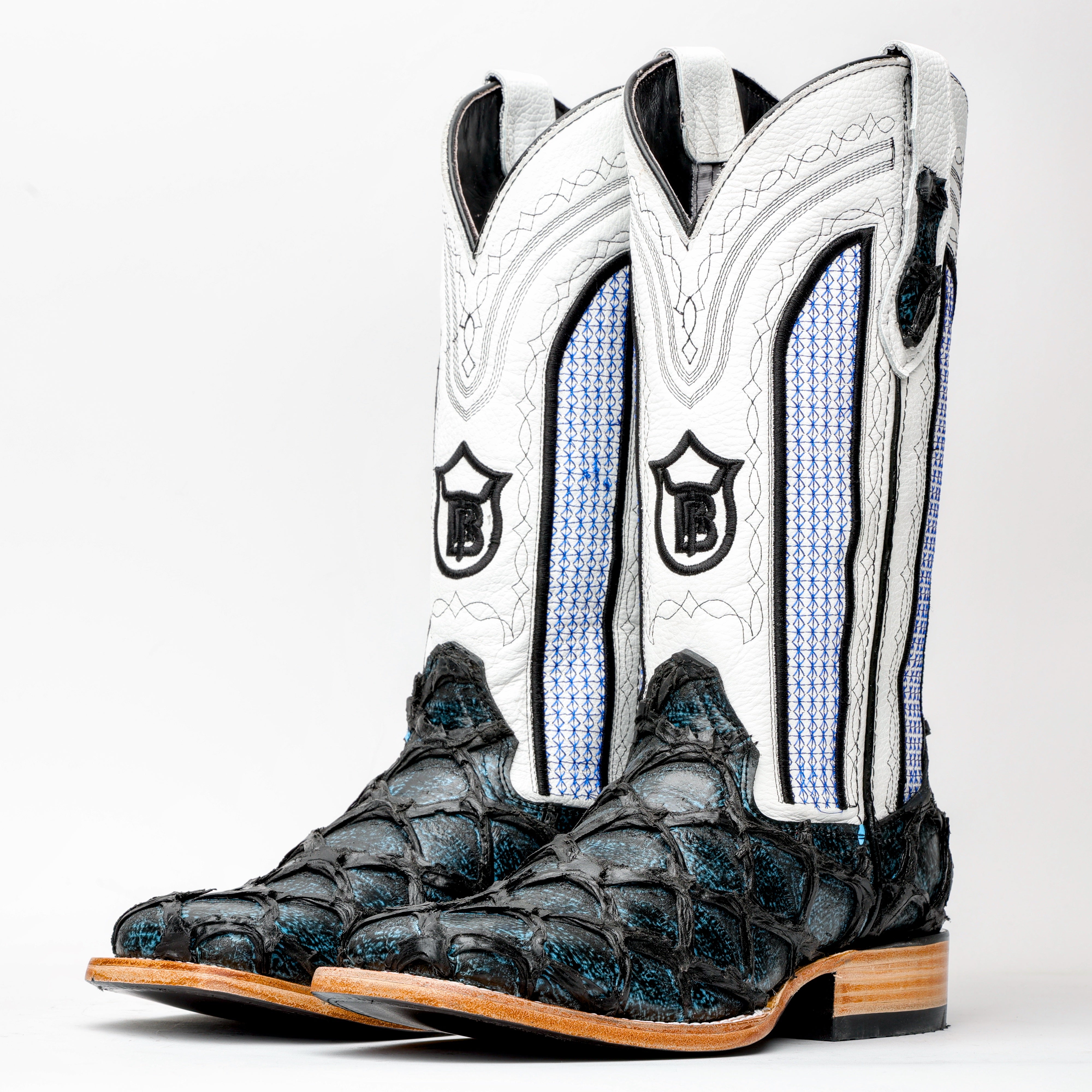 Midnight Blue Jumbo Pirarucu Leather Boots - Square Toe