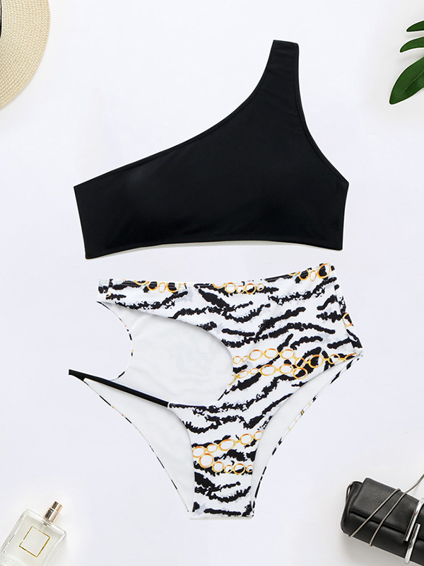 One-Shoulder Padded Bralette High-Waisted Hollow Bikini Swimwear