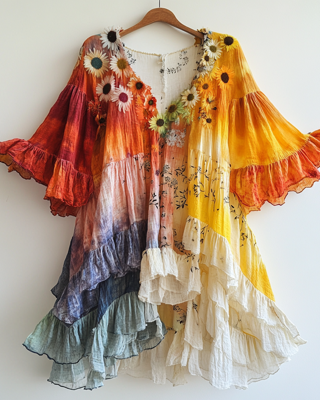 Rainbow Linen Ruffle Daisy Embroidery Irregular Cardigan f0ba