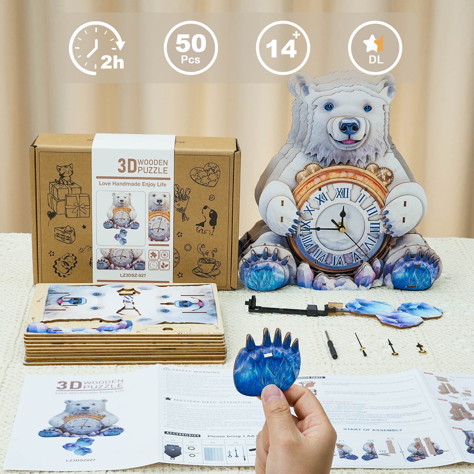 Polar bearsâ€“ DIY Wooden Clock, 3D Puzzle Craft Kit