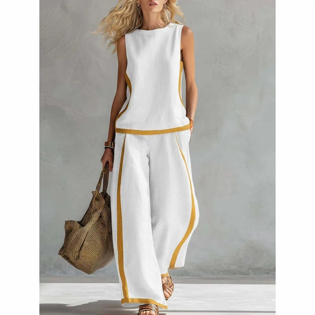 2026 Blend Two Piece Set for Women Sleeveless Color Block Top Wide Leg Pants Set Casual Summer Outfit