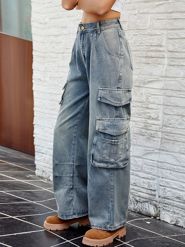 Pleated Pockets Split-Joint Loose Jean Pants Bottoms