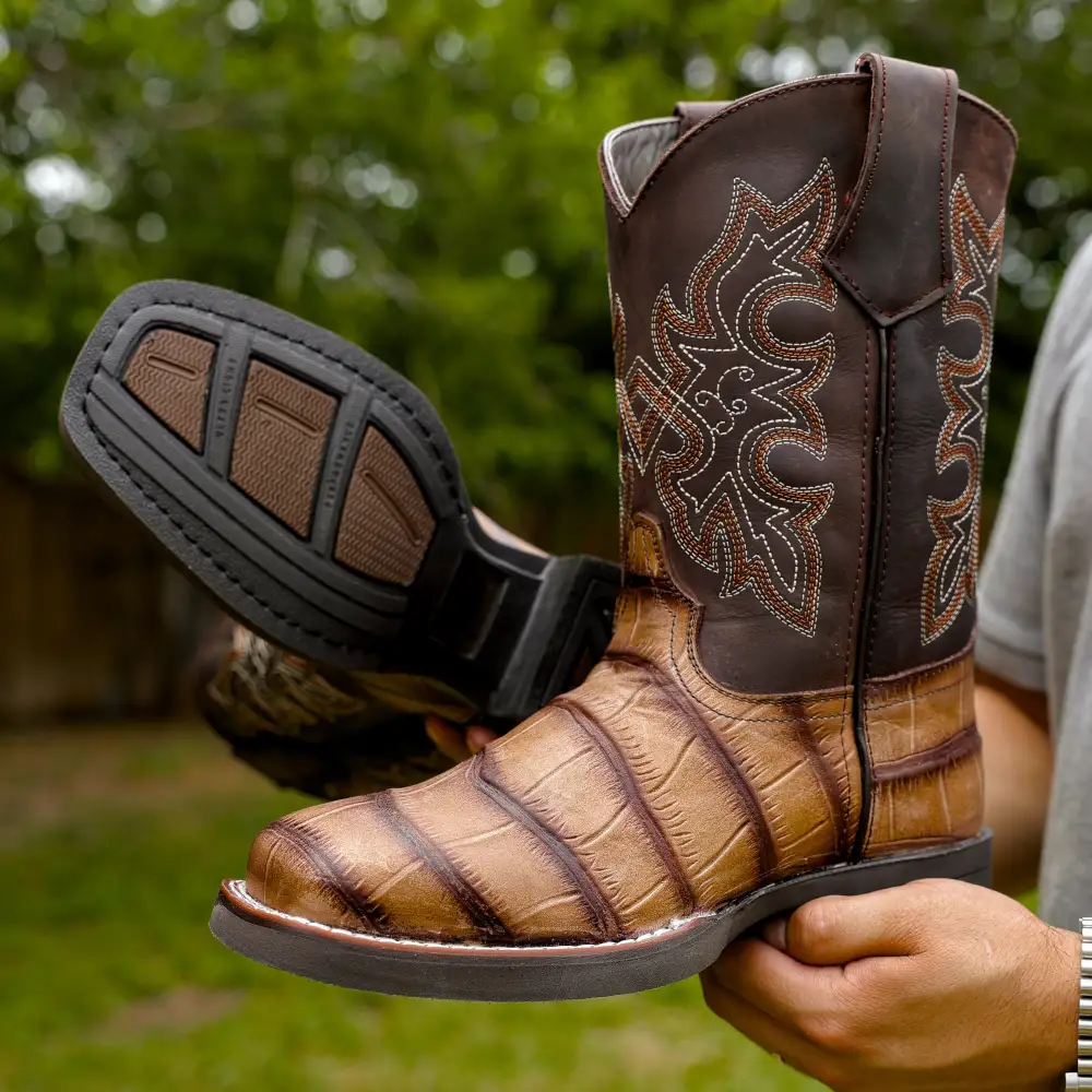 Moka American Gator Belly Leather Boots With Lightweight Soles - Square Toe