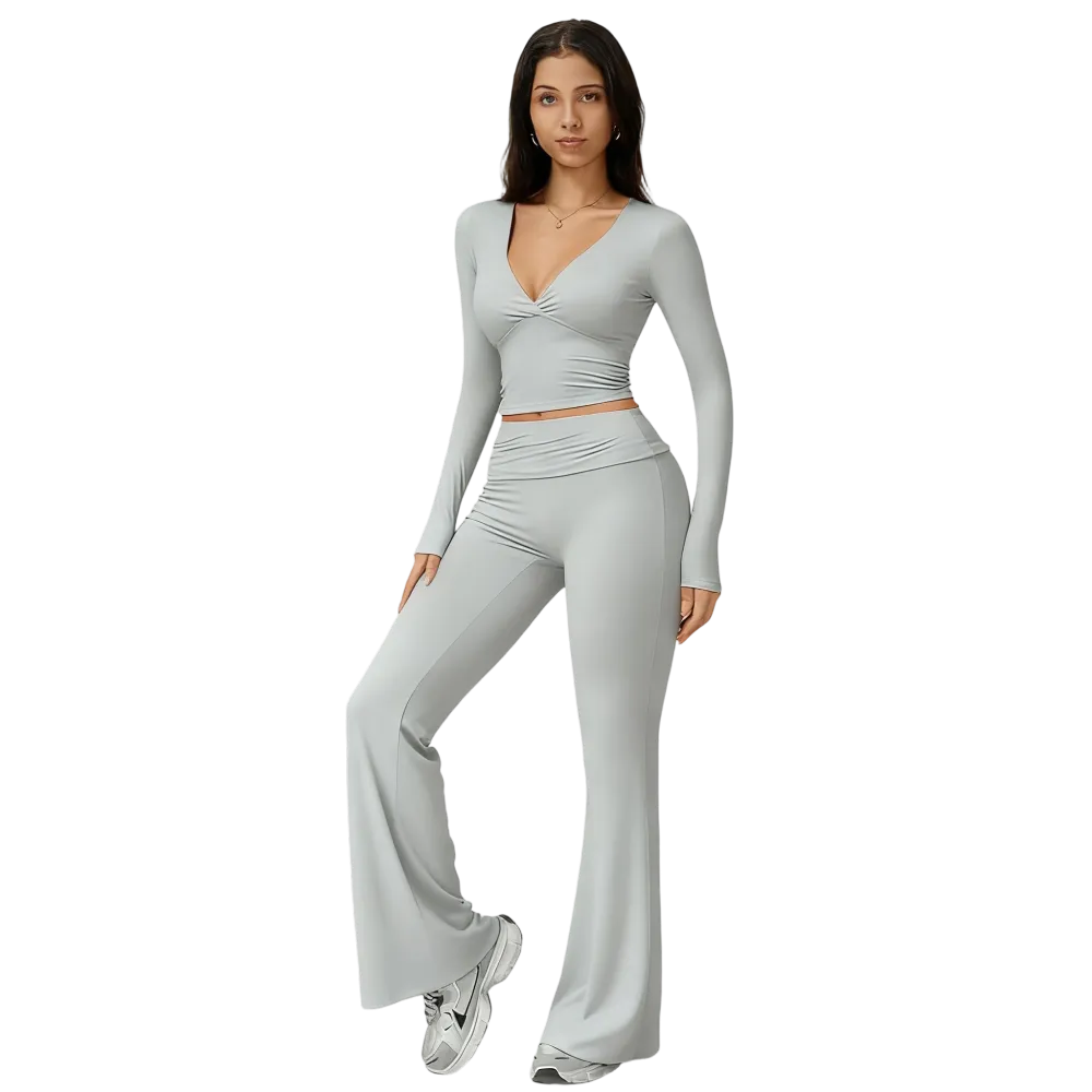 Elegant Casual V-Neck Long Sleeve Basic Two-Piece Outfit Set