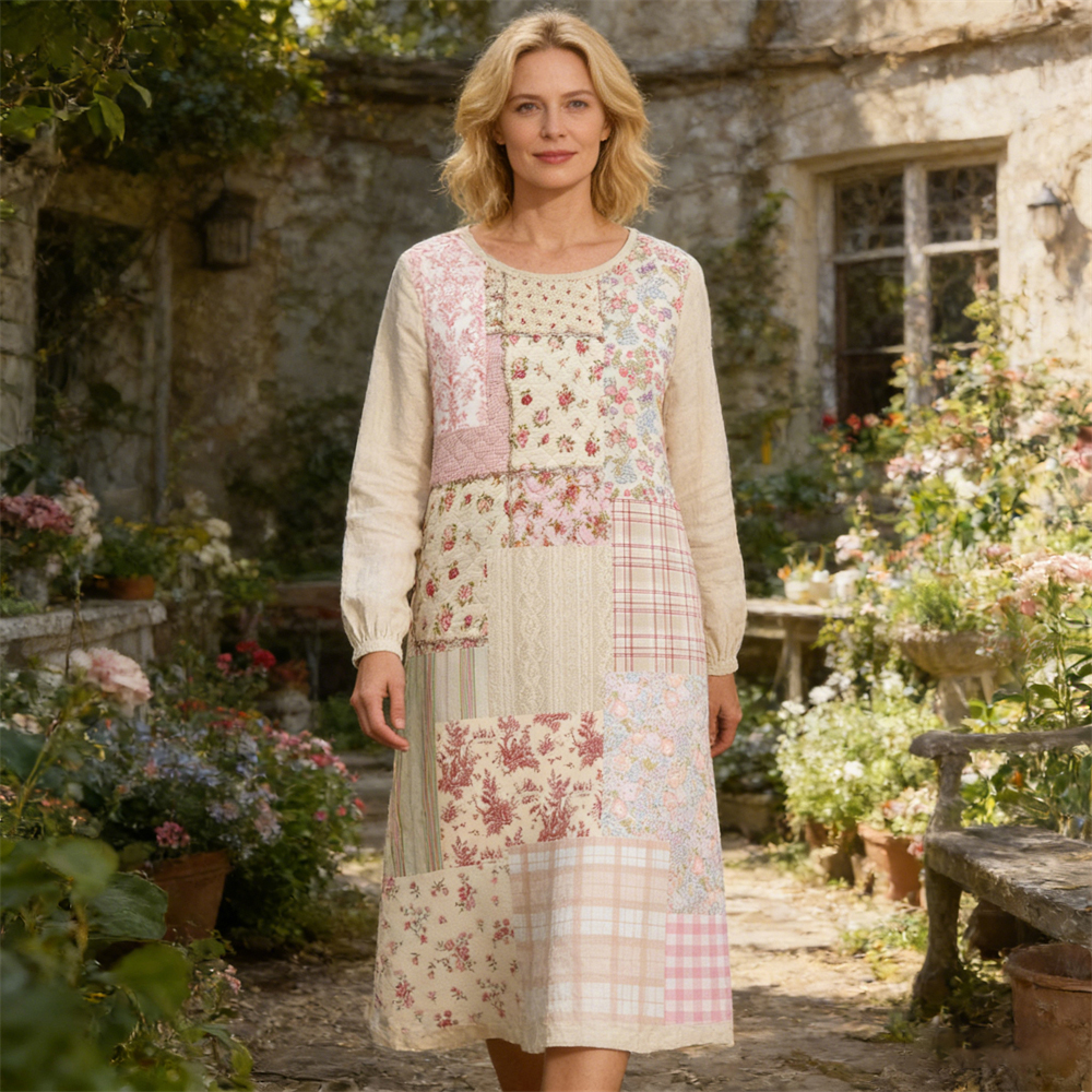 Rustic Floral Patchwork Art Women's Linen Long Sleeve Midi Dress
