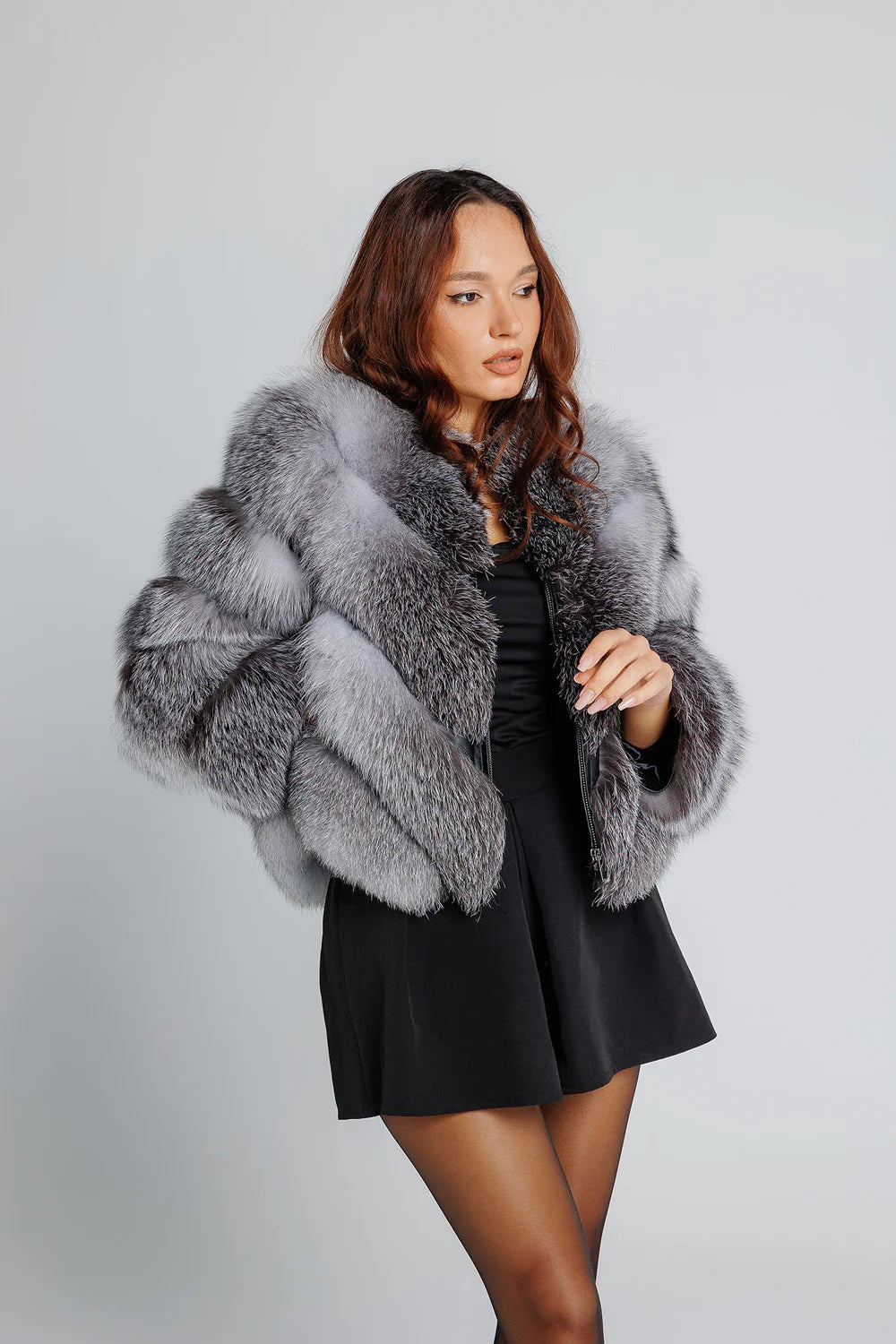 Haină din Blană Naturală de Vulpe Argintie, V Model, Transformabilă, Femei, Grey Frost 349