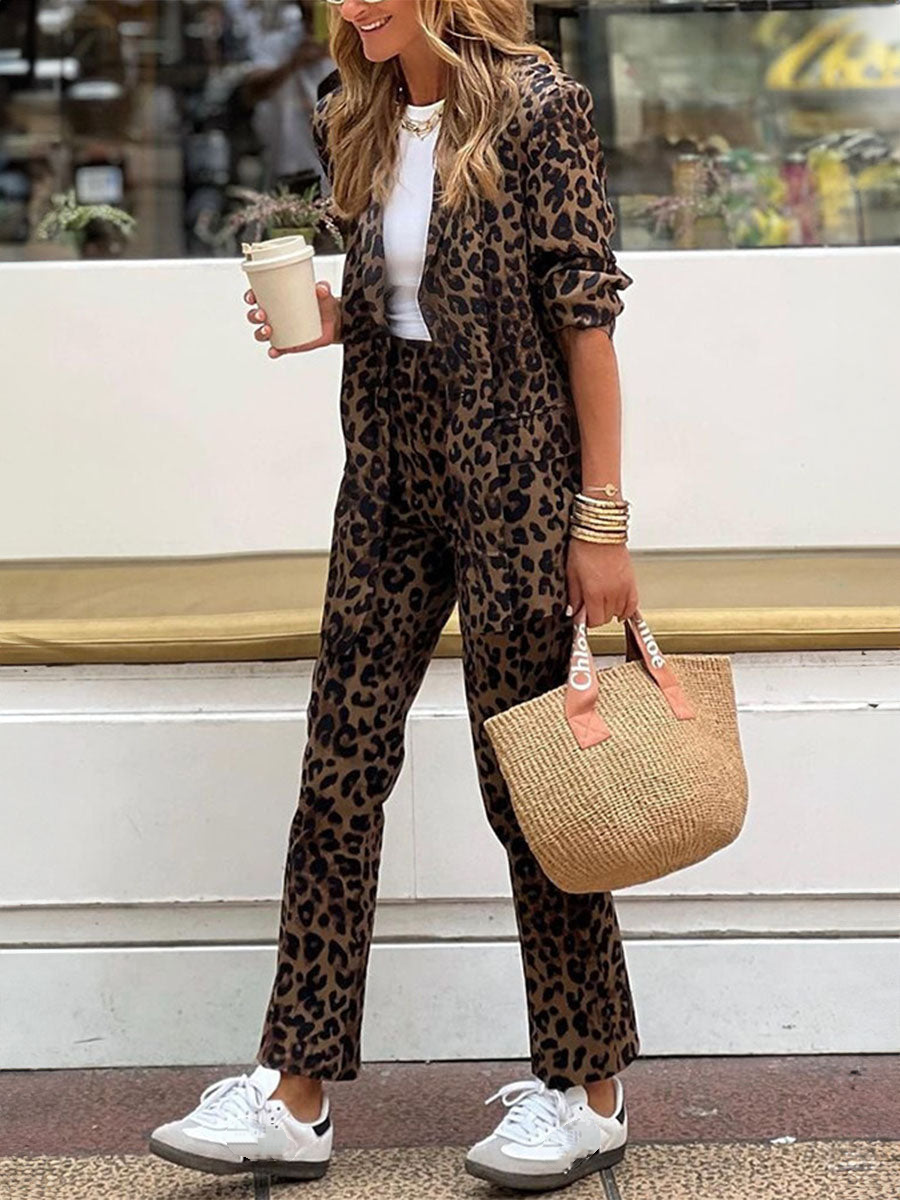 Womens Lapel Leopard Print Casual Set