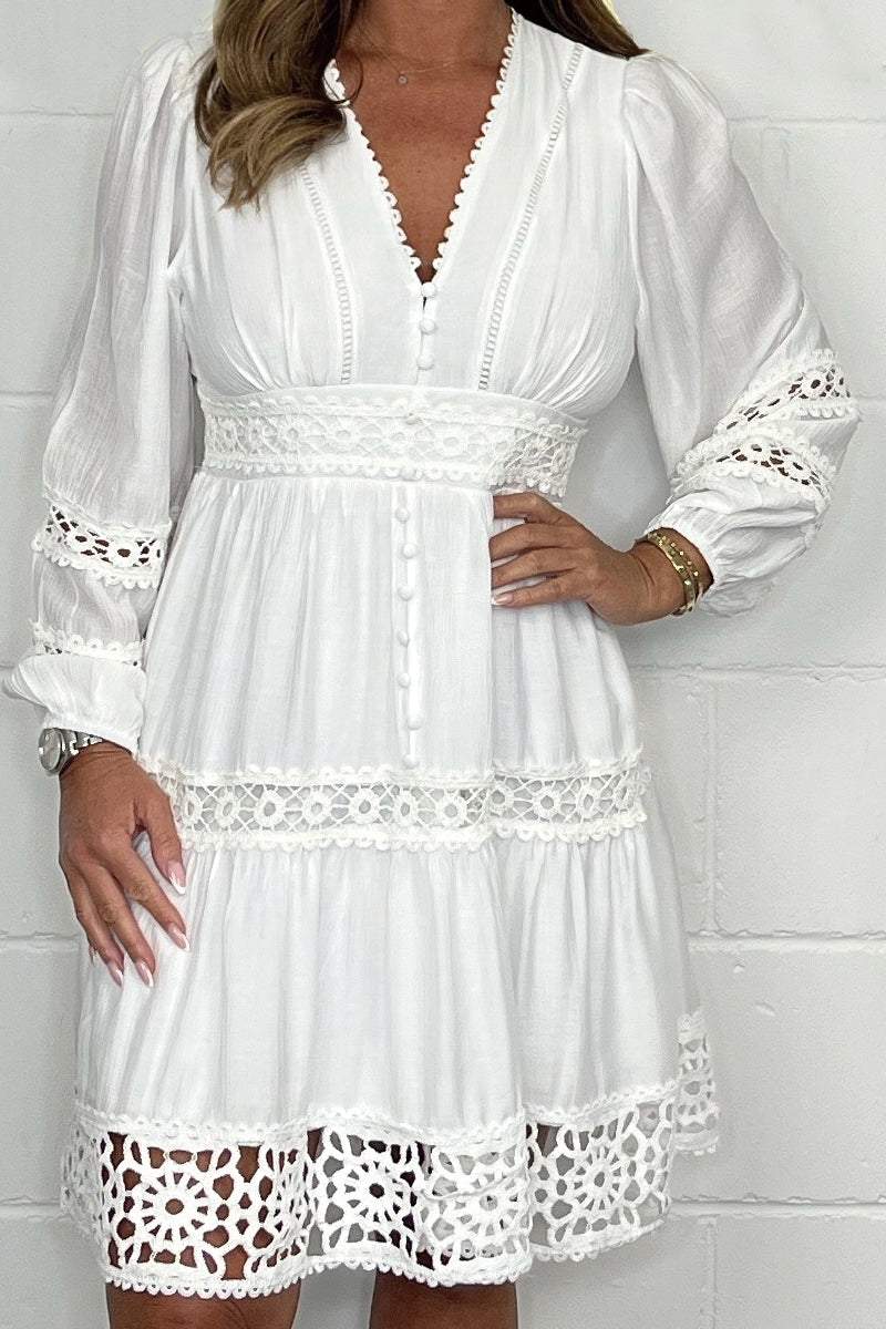 Women Summer Elegant Dress Work V-neck Lace Cotton Midi Dress
