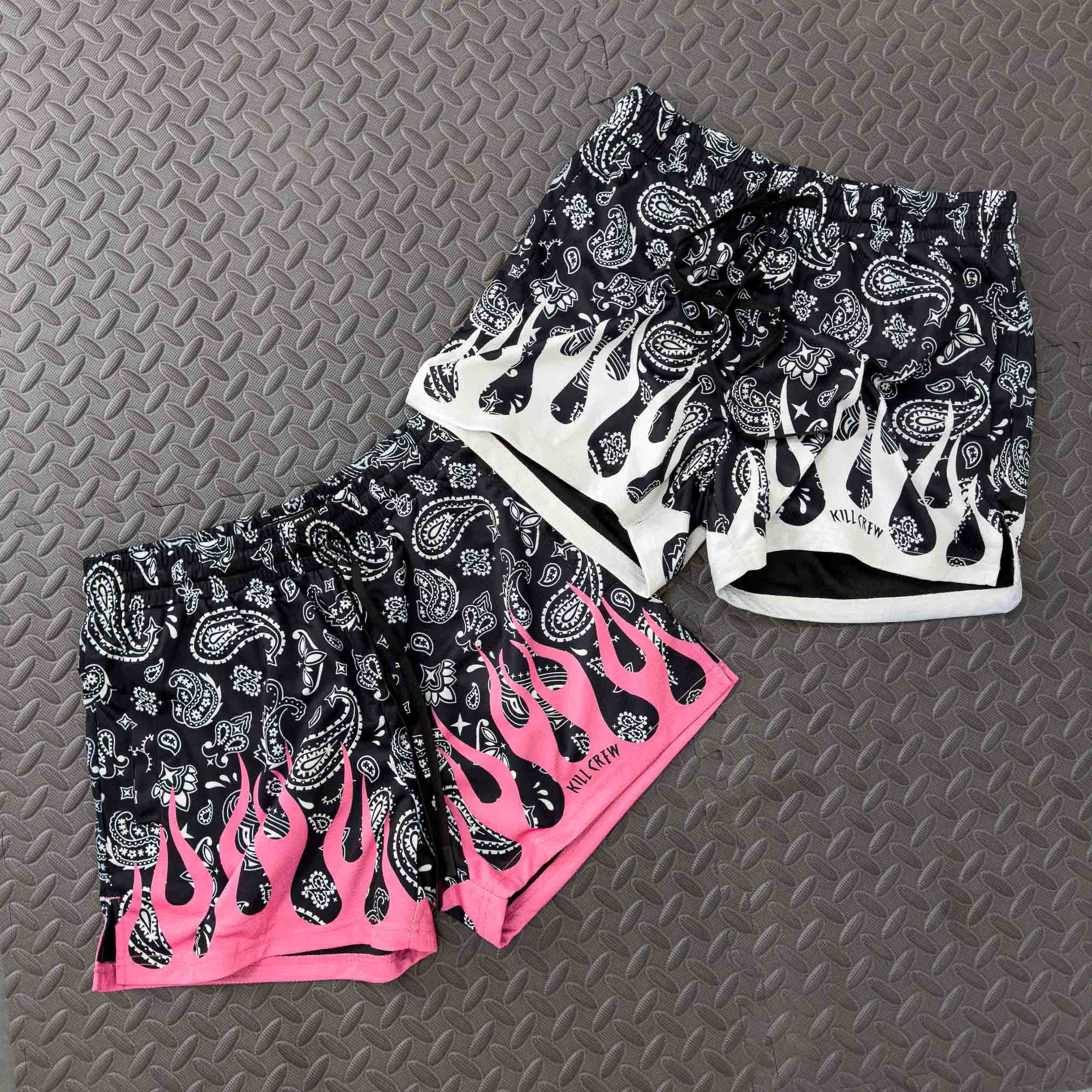 MUAY THAI SHORTS (MID THIGH CUT) BANDANA FLAME - BLACK / WHITE