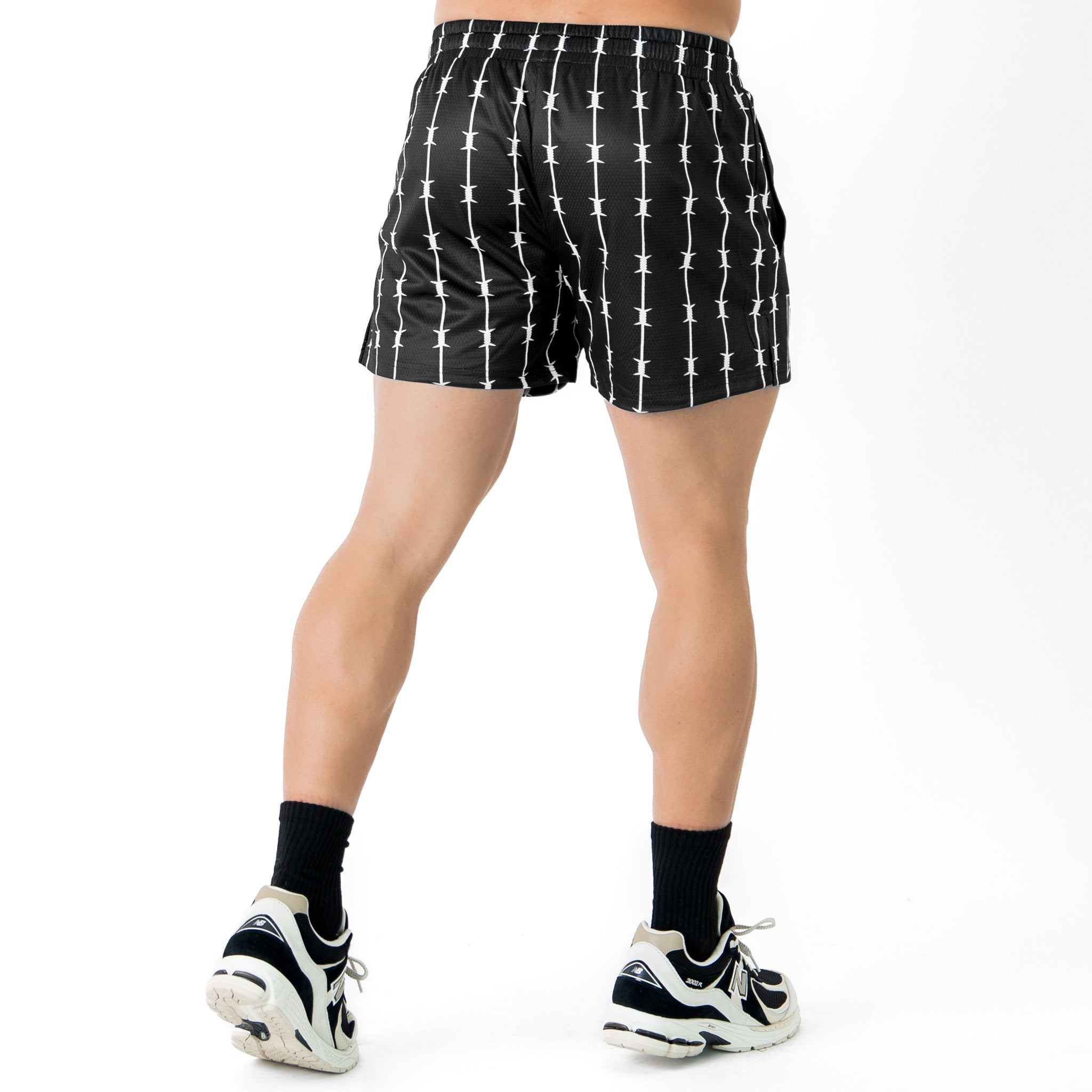 BARBWIRE MUAY THAI SHORTS (MID THIGH CUT) - BLACK / WHITE