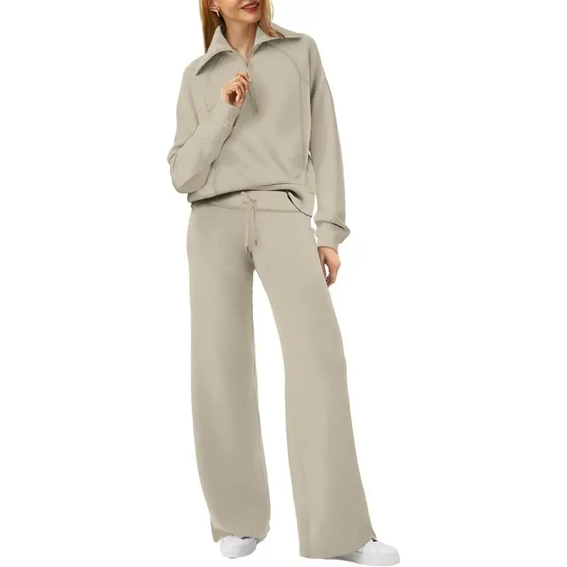 Women's Casual Set 2025 Collection Half-Zip Sweatshirt and Wide-Leg Pants