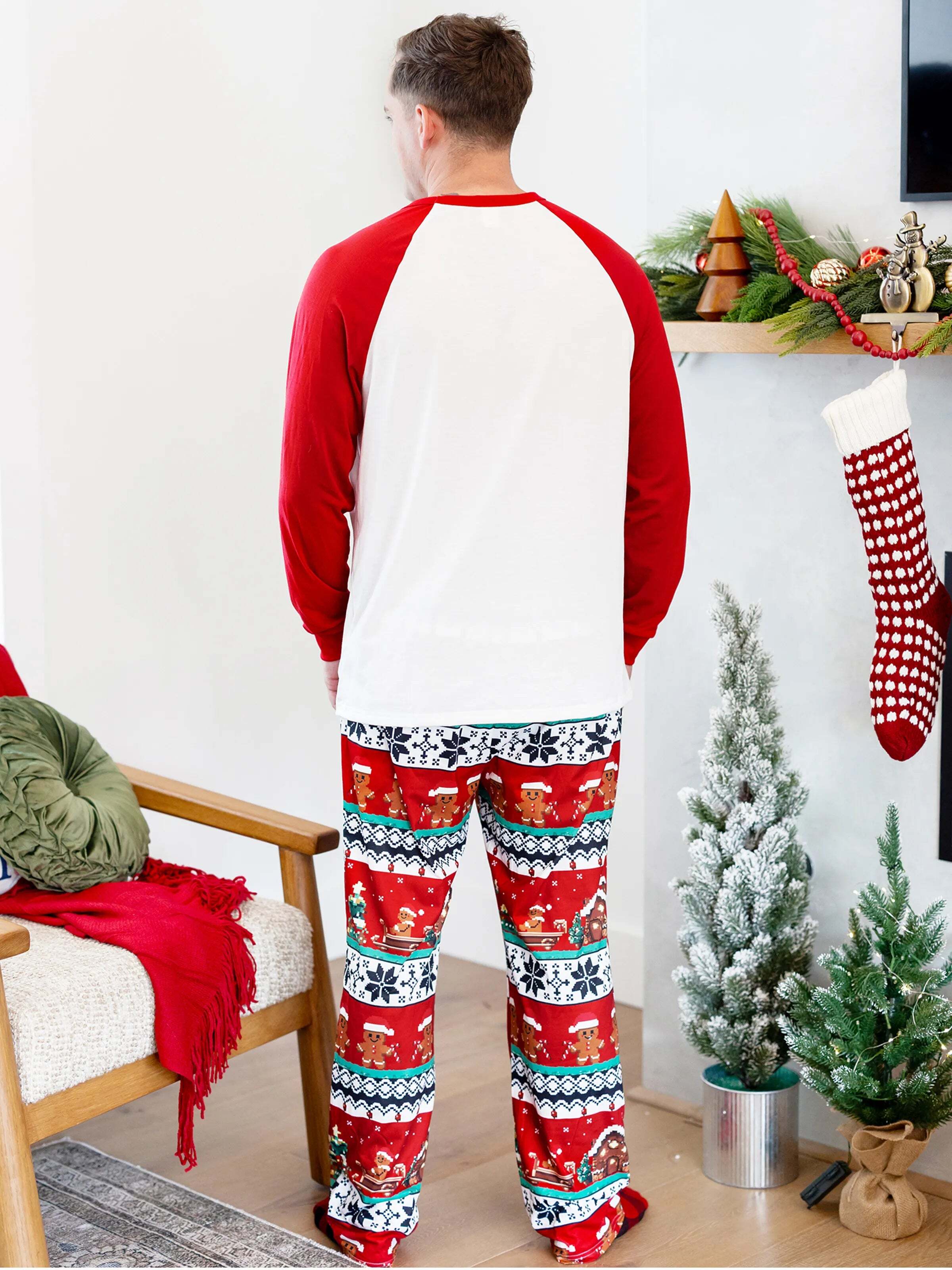 Christmas Matching Family Pajamas Set Gingerbread Print Long-sleeve PJS with Christmas Socks Red