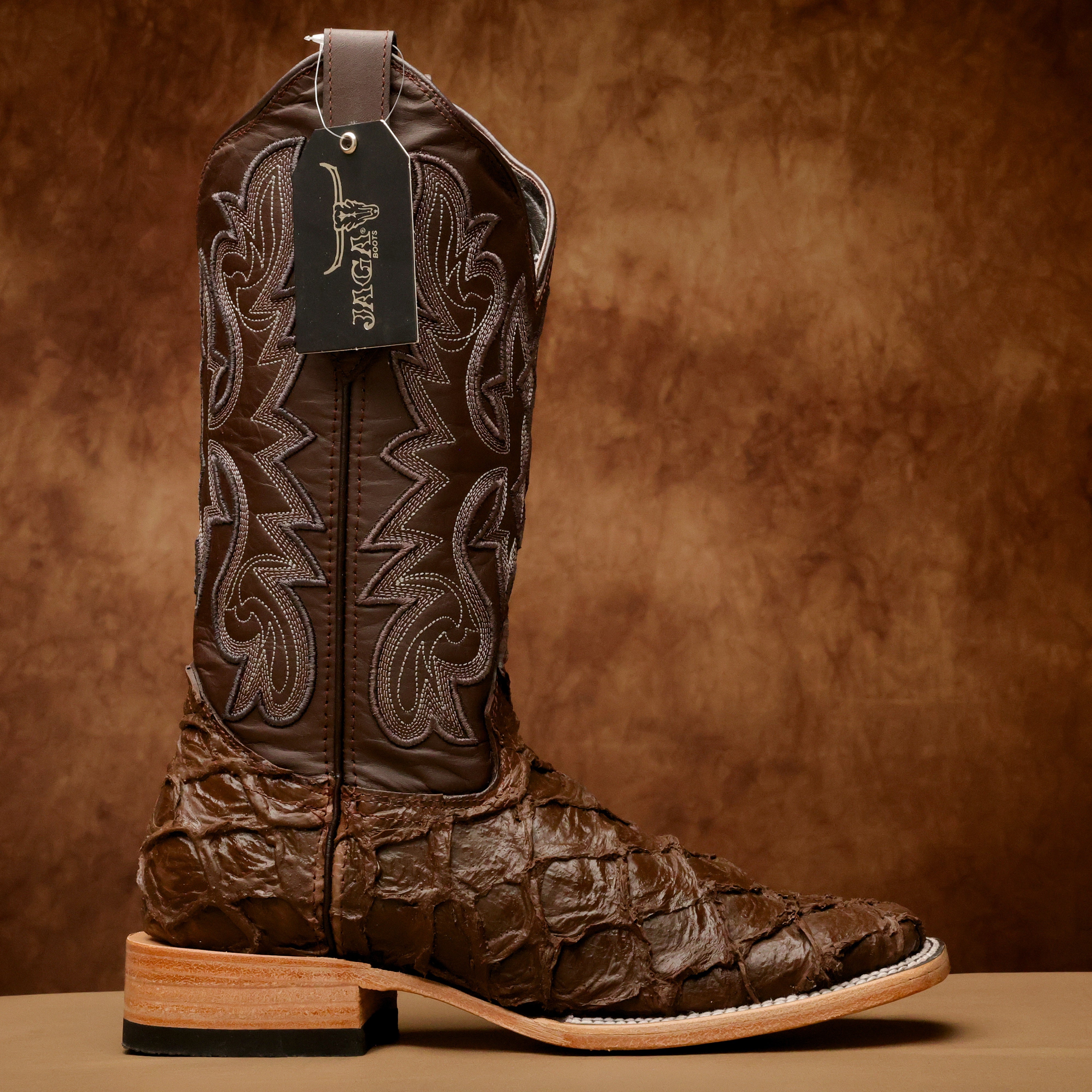 Matte Brown Jumbo Pirarucu Leather Boots - Square Toe