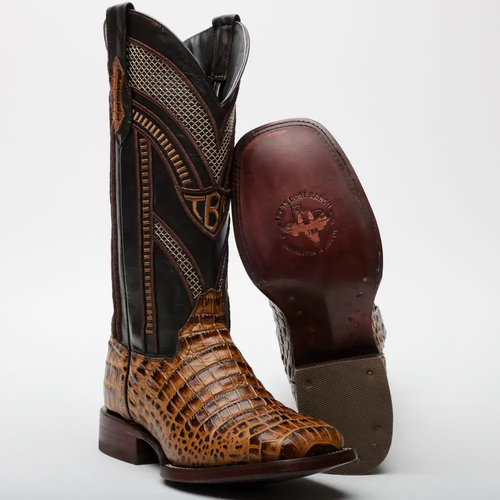 Honey Caiman Belly Leather Boots - Square Toe