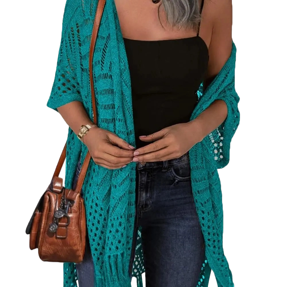 Womens Knit Cardigan Open Front Outwear New Spring & Summer Hollow Out Crochet Tassel Lightweight Kimonos Sweater