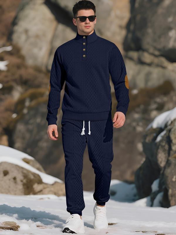 Mens Knitted Half-Placket Sweatshirt with Contrast Elbow Patches