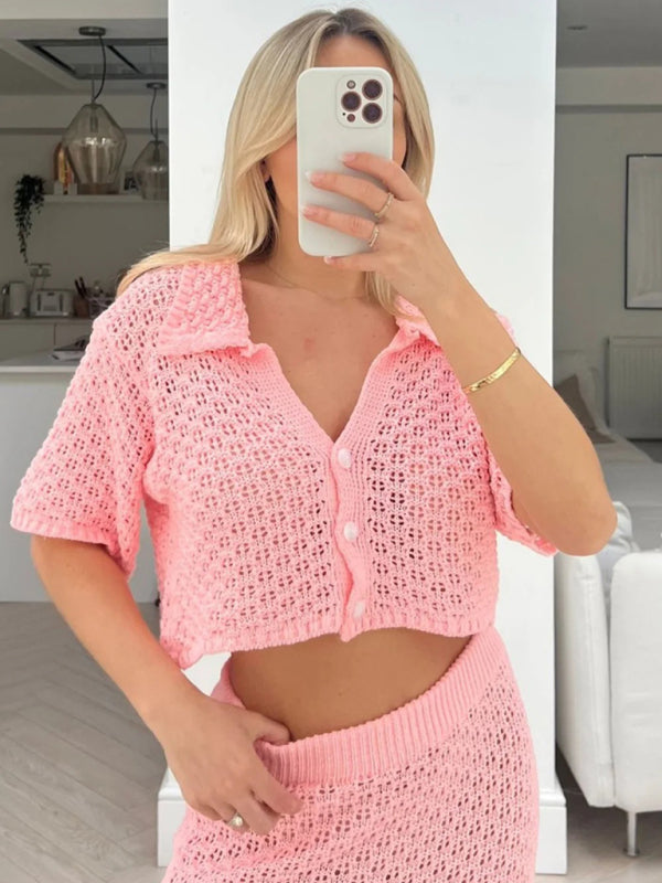 Knitted Crochet Multicolor Cardigan Button Skirt All-match Set Dress