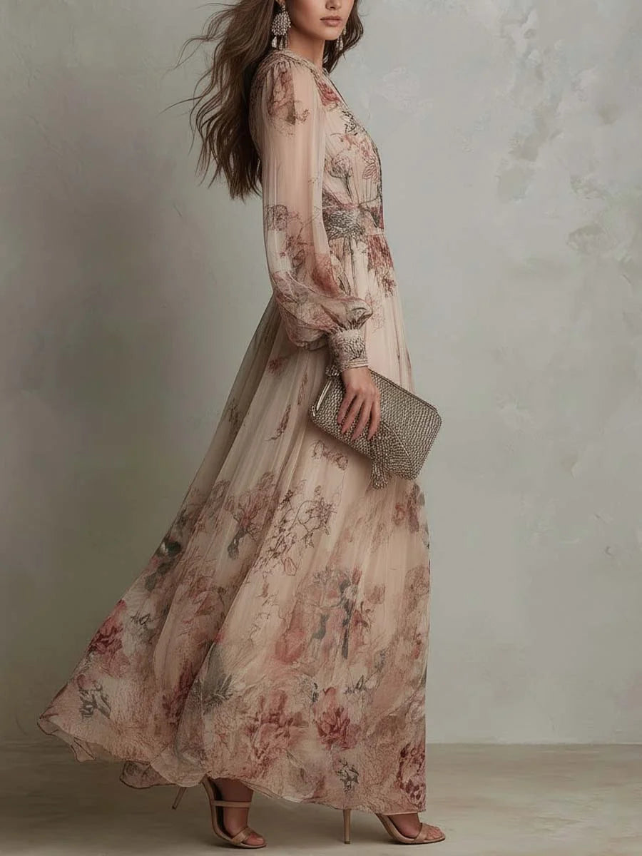 Vintage Floral Chiffon High-Neck Maxi Dress