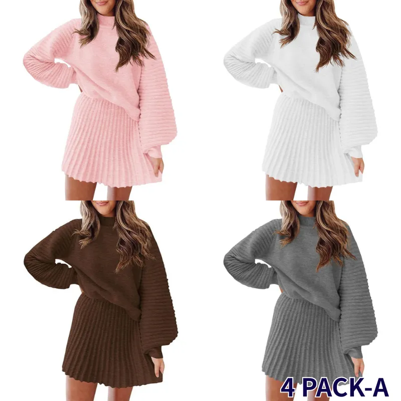 Women's long-sleeved sweater and mini skirt two-piece set