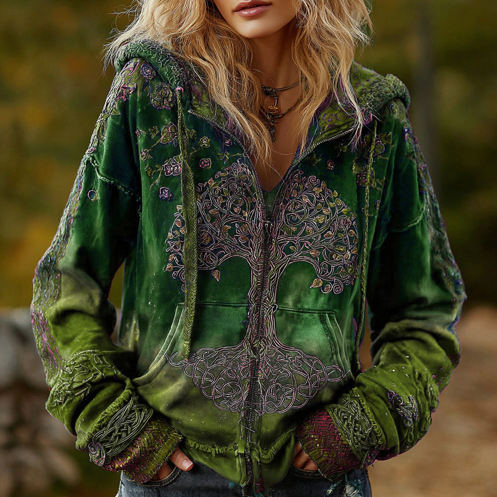 Women's Vintage Viking Tree Of Life Cozy Warm Zip Hoodie Cardigan