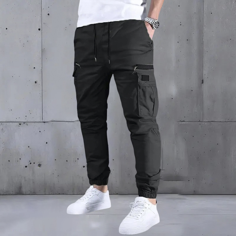 Men’s long cargo pants with a drawstring waist and multiple pockets