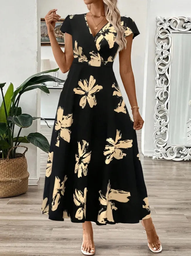 Printed Surplice Wrap Midi Dress