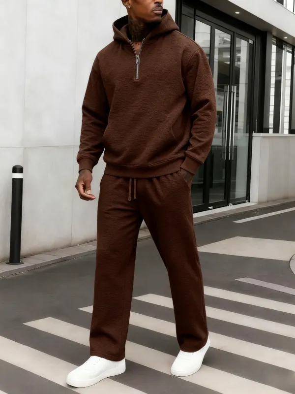 Men's Plain Two-piece Sweatsuit Set, Basic Regular Fit Casual Drop Shoulder Half Zip Hoodie & Pocket Drawstring Sweatpants