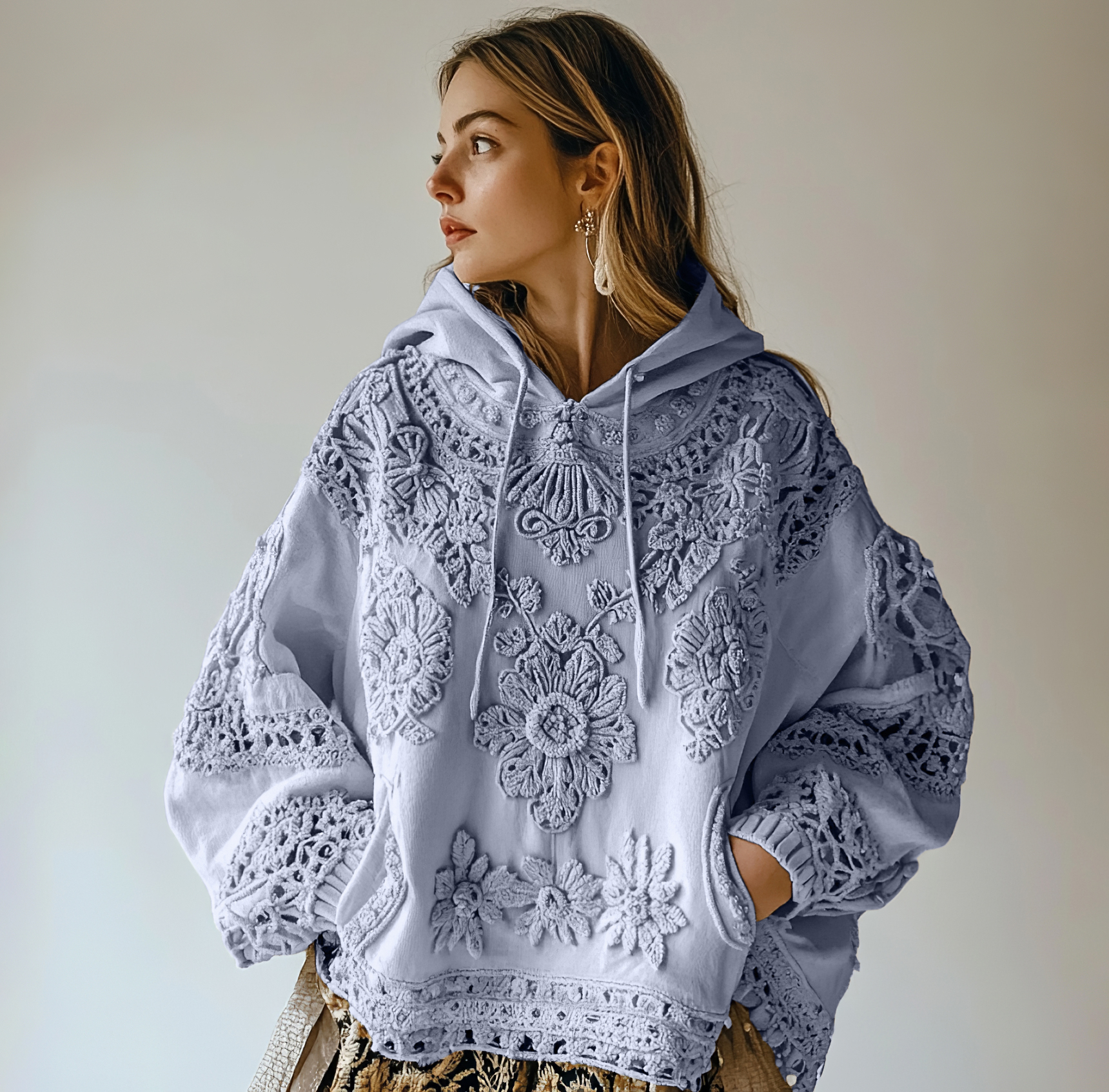 Women's Floral Embroidery Art Casual Cozy Hoodie