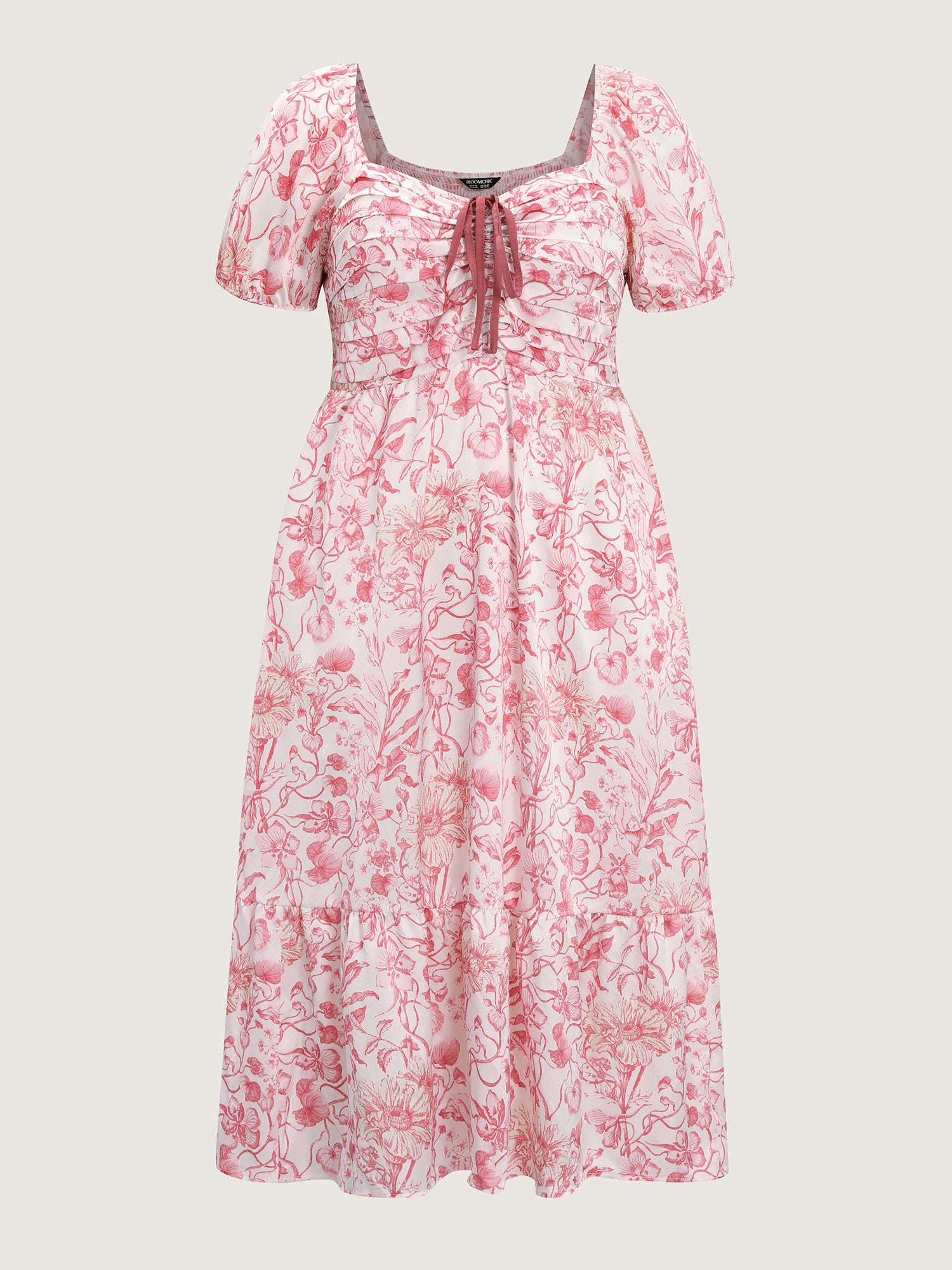 Romantic Floral Ruched Bodice Stretchy Waist Midi Dress