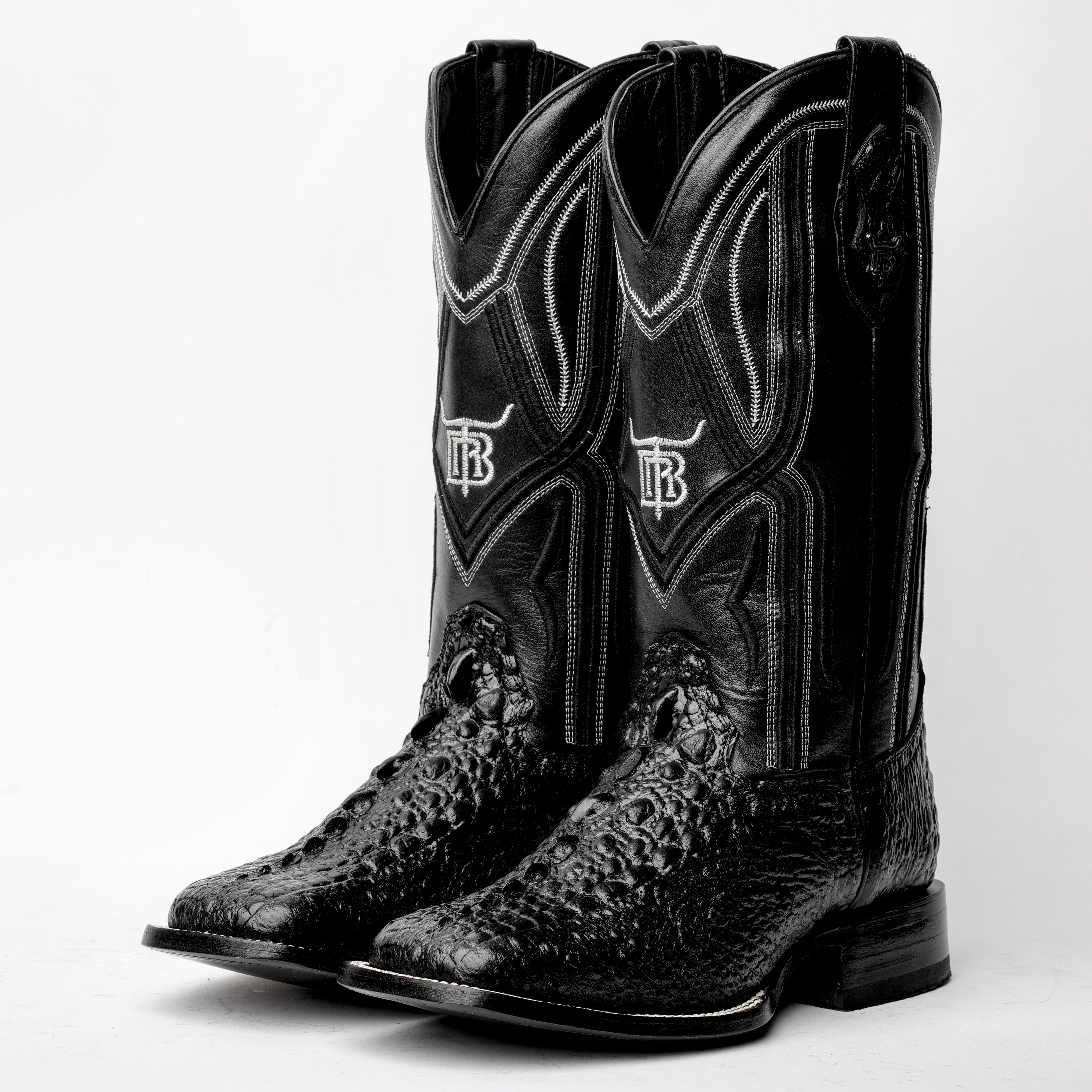 Black Snapping Turtle Leather Boots - Square Toe