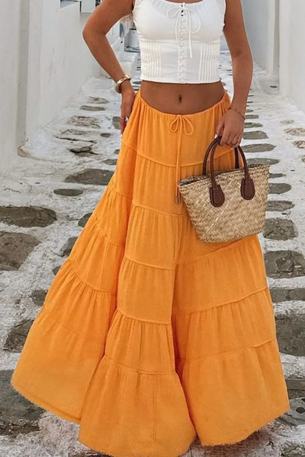 Bohemian Tiered Maxi Skirt With Drawstring Waist