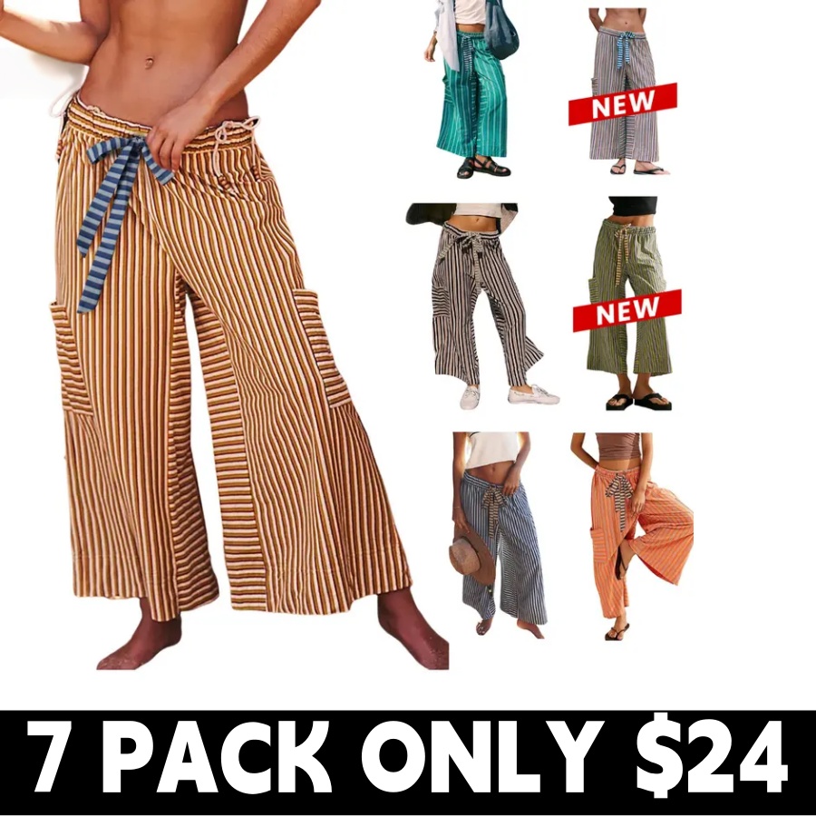 Women Drawstring Striped Pants Loose Wide Leg Lounge Pants Casual Palazzo Pants Trousers with Pockets Bottom Oversize