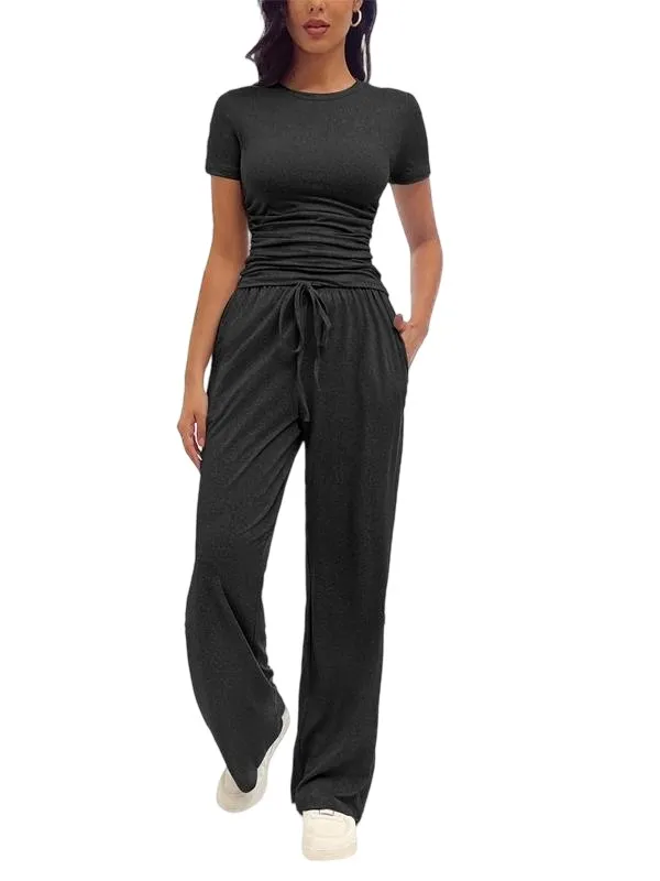 Women's Solid Round Neck Tee & Pants Loungewear