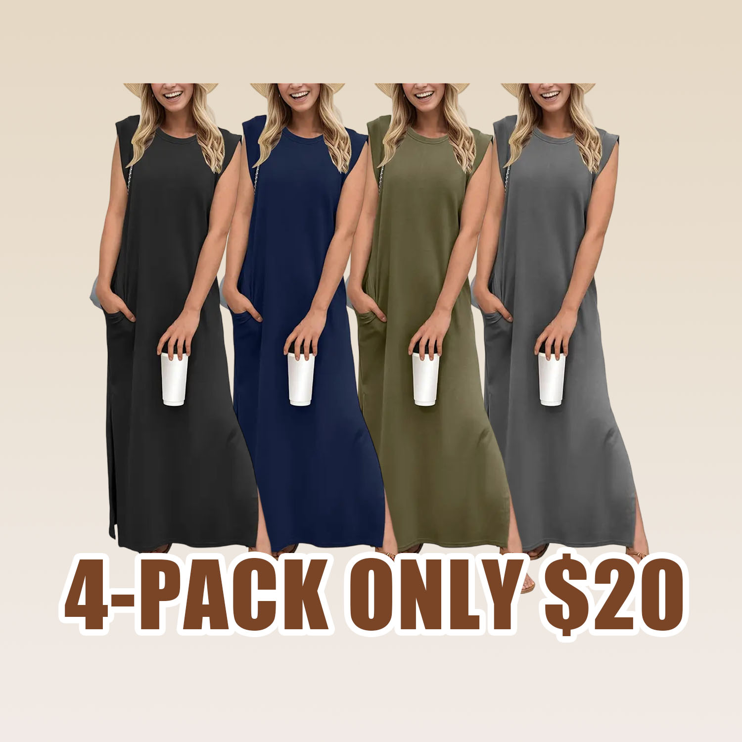 2026 Women Summer Round Neck Casual Loose Split Wrinkle-Free Long Maxi Vacation Dress with Pockets