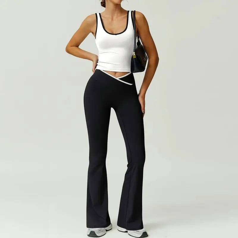 Womens Colorblock Tank Top & Flare Leg Pants Tracksuit Set