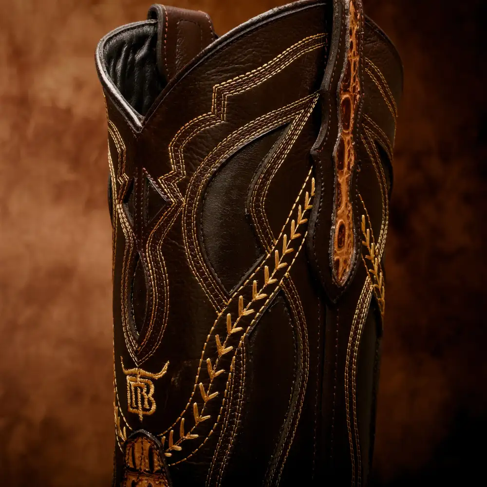 Honey Caiman Hornback Leather Boots - Square Toe