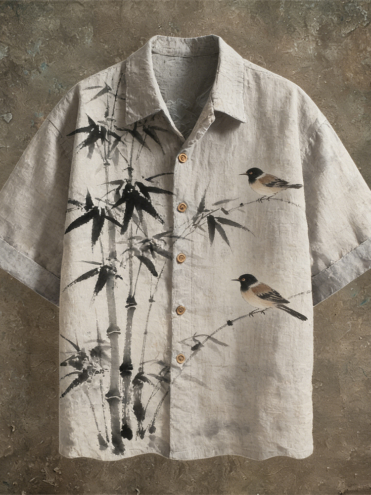 Japanese Ink Painting Art Linen Short Sleeve Shirt