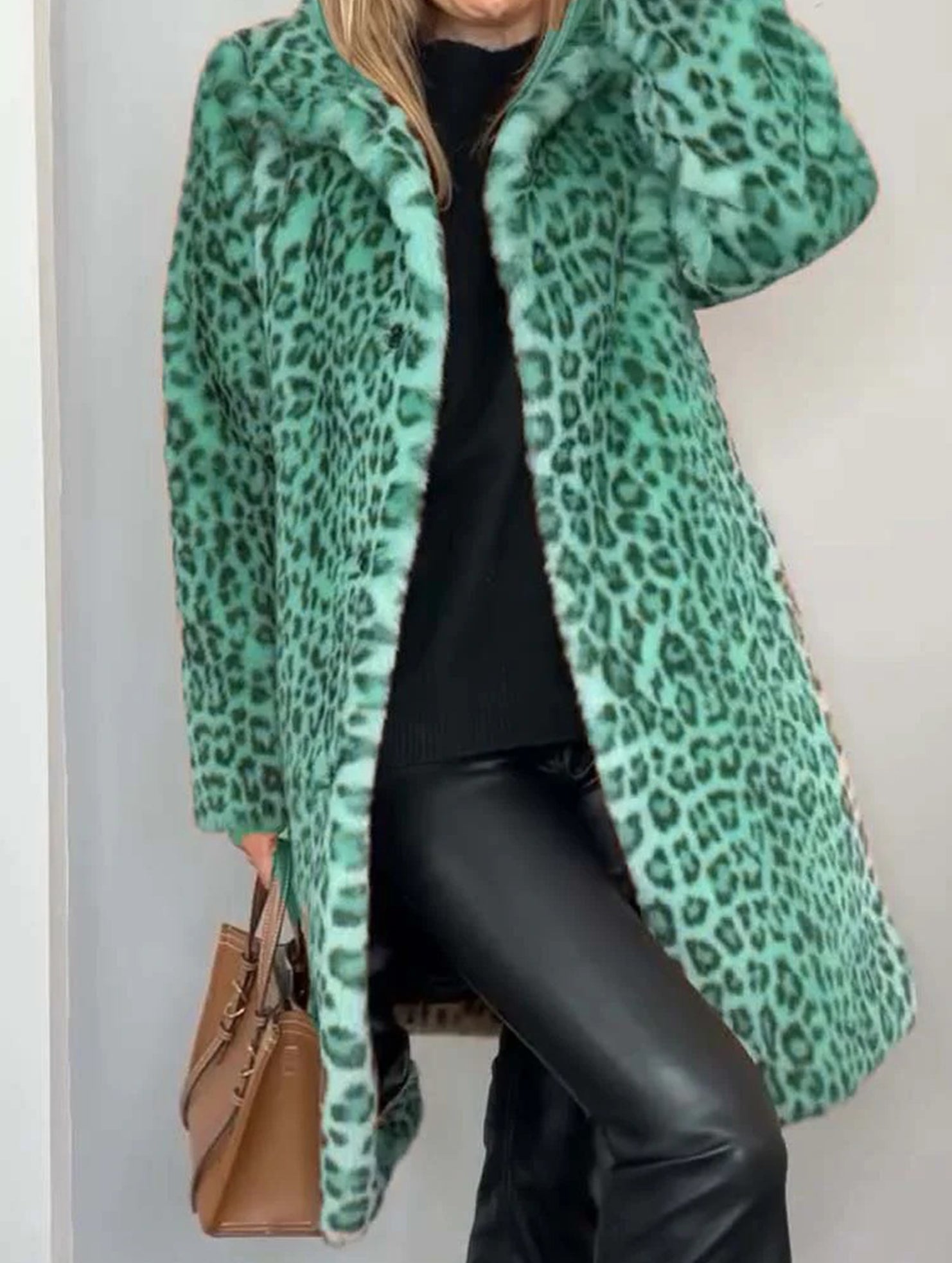 Stylish leopard print plush mid-length coat