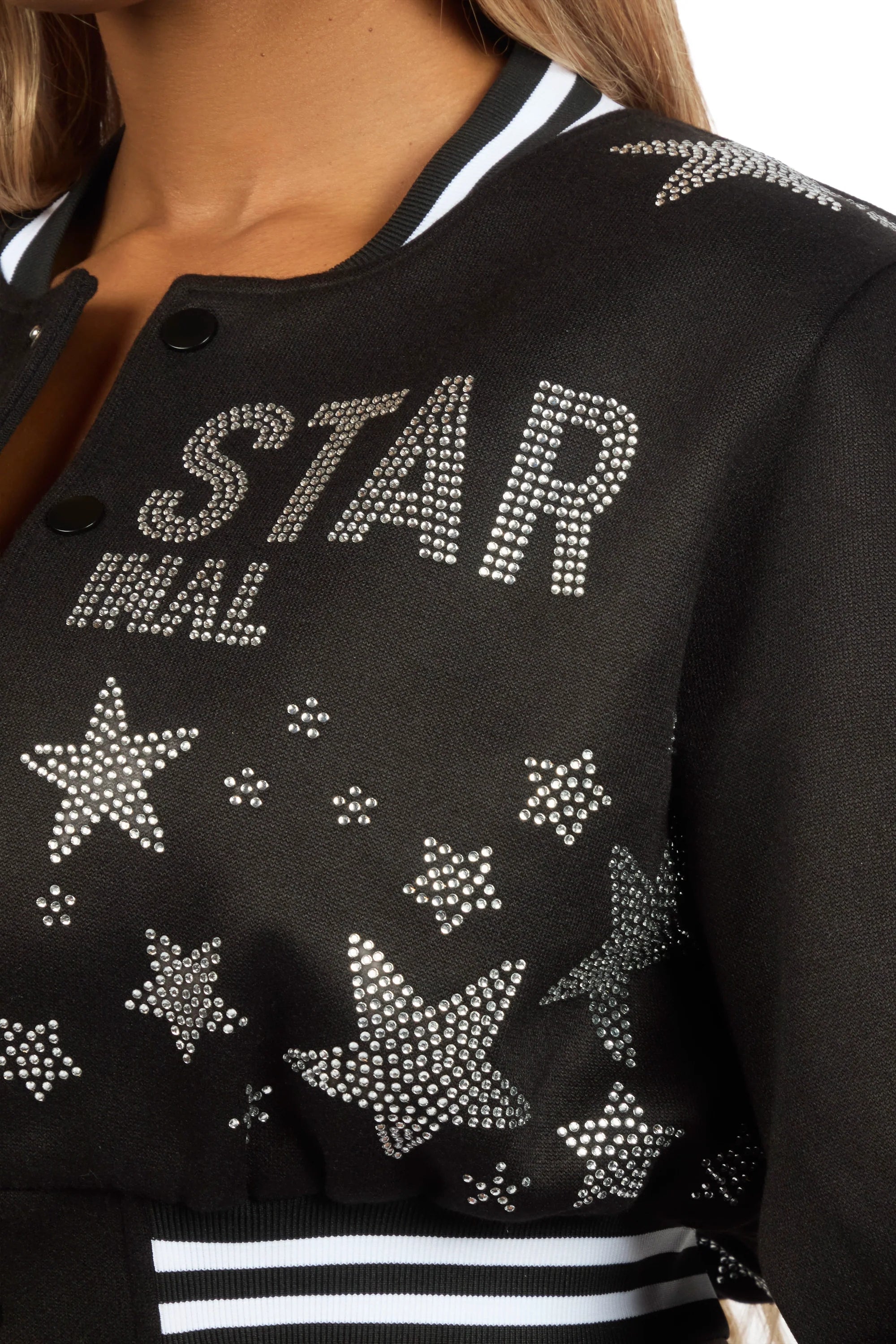Shanda Black Crop Rhinestone Varsity Jacket
