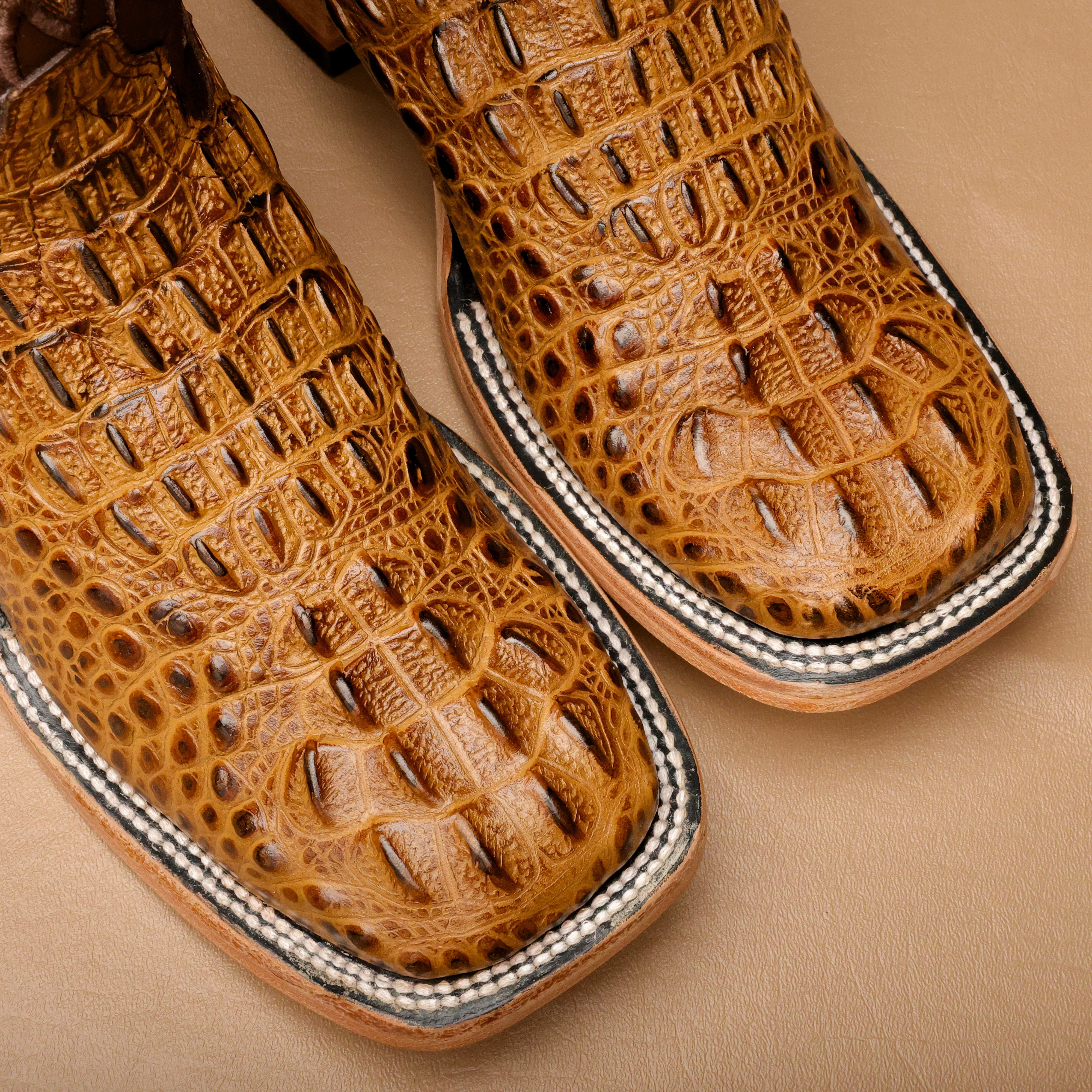 Honey Caiman Neck Leather Boots - Square Toe