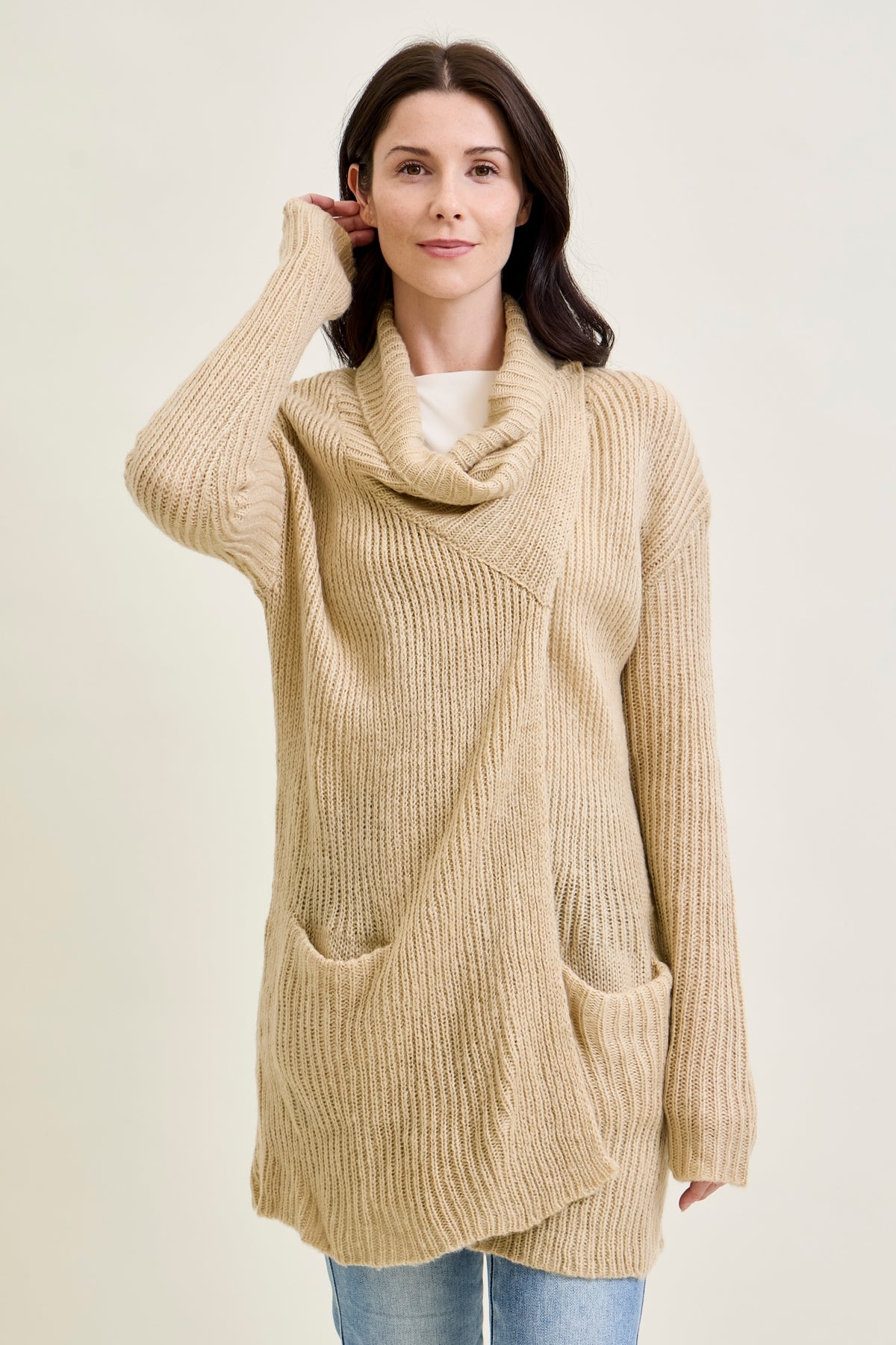 Drape Front Cardigan Beige Sweater